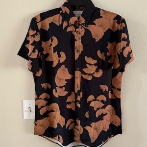 HENRI JAMES SHORT SLEEVE 4-WAY BROWN FLORAL PRINT WOVEN SPORT SHIRT BLACK - M